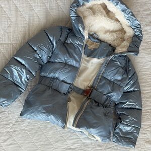Michael Kors Shiny Blue Puffer Jacket with Cream Lining - girls